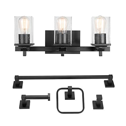 Globe Electric 51634 Dakota 5-Piece All-in-One Bathroom Set 3 Vanity Light with Seeded Glass Shades, Bar, Toilet Paper Holder, Towel Ring, Robe Hook, Matte Black
