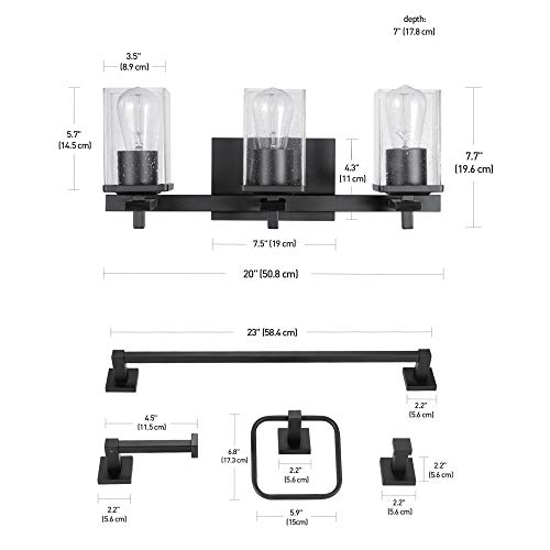 Globe Electric 51634 Dakota 5-Piece All-in-One Bathroom Set 3 Vanity Light with Seeded Glass Shades, Bar, Toilet Paper Holder, Towel Ring, Robe Hook, Matte Black