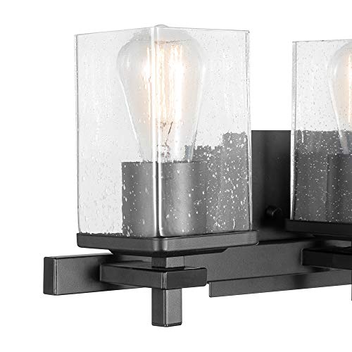 Globe Electric 51634 Dakota 5-Piece All-in-One Bathroom Set 3 Vanity Light with Seeded Glass Shades, Bar, Toilet Paper Holder, Towel Ring, Robe Hook, Matte Black