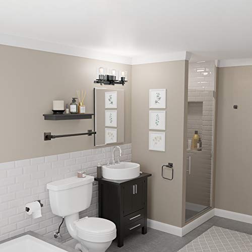 Globe Electric 51634 Dakota 5-Piece All-in-One Bathroom Set 3 Vanity Light with Seeded Glass Shades, Bar, Toilet Paper Holder, Towel Ring, Robe Hook, Matte Black