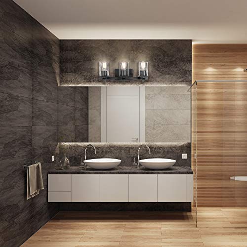 Globe Electric 51634 Dakota 5-Piece All-in-One Bathroom Set 3 Vanity Light with Seeded Glass Shades, Bar, Toilet Paper Holder, Towel Ring, Robe Hook, Matte Black