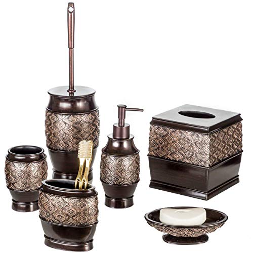 Creative Scents Dublin 6-Piece Bathroom Accessories Set, Includes Decorative Soap Dispenser, Soap Dish, Tumbler, Toothbrush Holder, Tissue Box Cover and Toilet Bowl Brush (Brown)