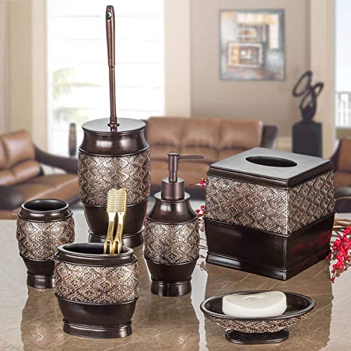 Creative Scents Dublin 6-Piece Bathroom Accessories Set, Includes Decorative Soap Dispenser, Soap Dish, Tumbler, Toothbrush Holder, Tissue Box Cover and Toilet Bowl Brush (Brown)
