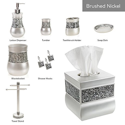 Creative Scents Bathroom Accessory Set - Decorative 6 Piece Bathroom Set - Features Soap Dispenser, Toothbrush Holder, Tumbler, Soap Dish, Tissue Box Cover & Trash Can (Silver Colored)