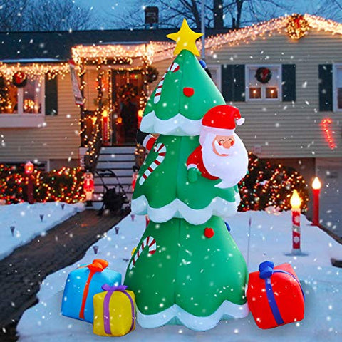 SEASONBLOW 8 Ft LED Light Up Giant Inflatable Christmas Tree with 3 Gift Wrapped Boxes Santa Claus Drilling Tree Xmas Decoration for Blow Up Yard Indoor Outdoor Garden