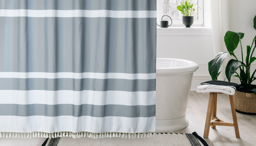 Gray and White Boho Fringe Shower Curtain
