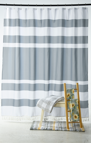 Gray and White Boho Fringe Shower Curtain