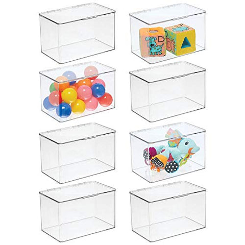 mDesign Plastic Stackable Organizer Toy Box with Attached Lid for Storage of Action Figures, Crayons, Markers, Building Blocks, Puzzles, Craft or School Supplies - 3" High, 8 Pack - Clear
