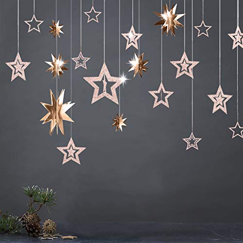 Holiday 3D Champagne Gold Star Garland and Twinkle Little Star Cutout Hanging Decoration