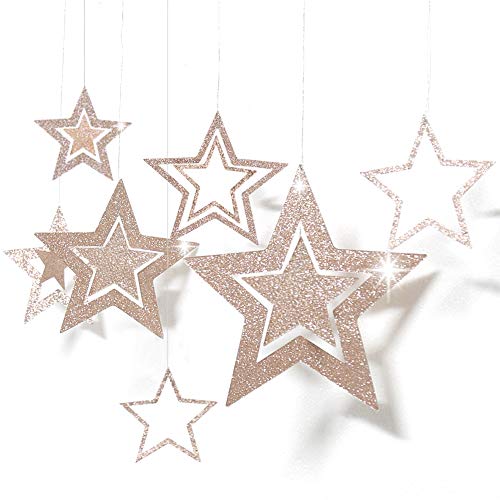Holiday 3D Champagne Gold Star Garland and Twinkle Little Star Cutout Hanging Decoration