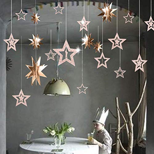 Holiday 3D Champagne Gold Star Garland and Twinkle Little Star Cutout Hanging Decoration