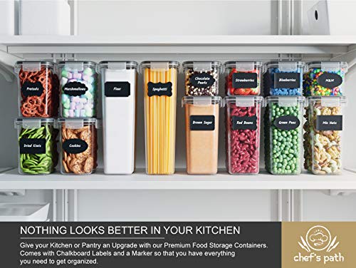 Chef's Path Airtight Food Storage Container Set - 24 PC - Kitchen & Pantry Organization - BPA-Free - Plastic Canisters with Durable Lids Ideal for Cereal, Flour & Sugar - Labels, Marker & Spoon Set