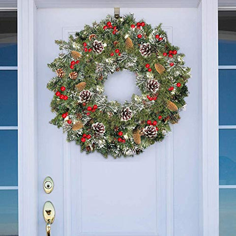 TURNMEON 30 Inch Christmas Wreath with Lights Christmas Decoration Battery Operated Pre-lit Spruce Wreath Garland with 80 Colorful LED Light Red Berries Pine Cones and Snowflakes Silver Bristles