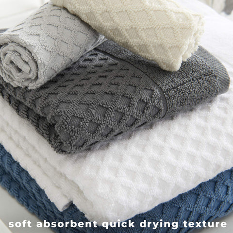 These are classic waffle textured towels.  The texturing adds surface area to hold more water but still feel light-weight.  So for kids and pets where lots of water is involved the waffle might be perfect.